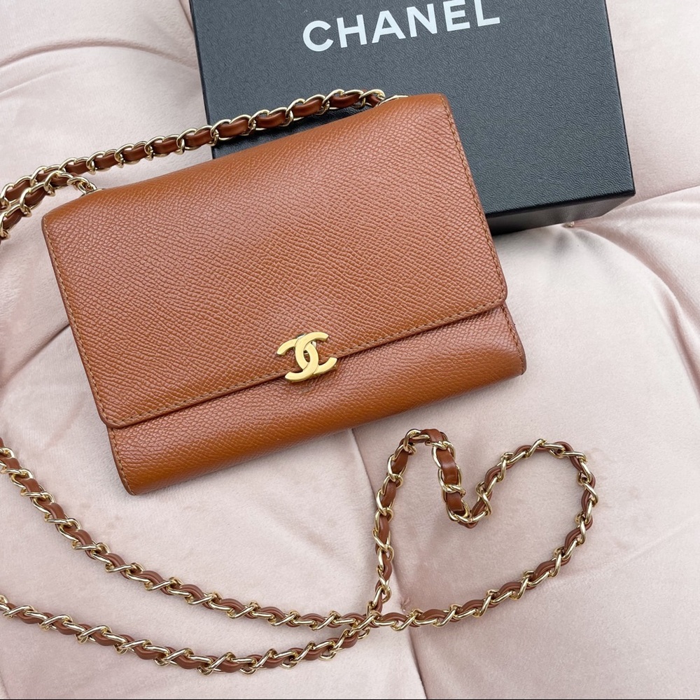 Chanel Interlocking CC Goatskin 1997-1999 Wallet on Chain in Tan